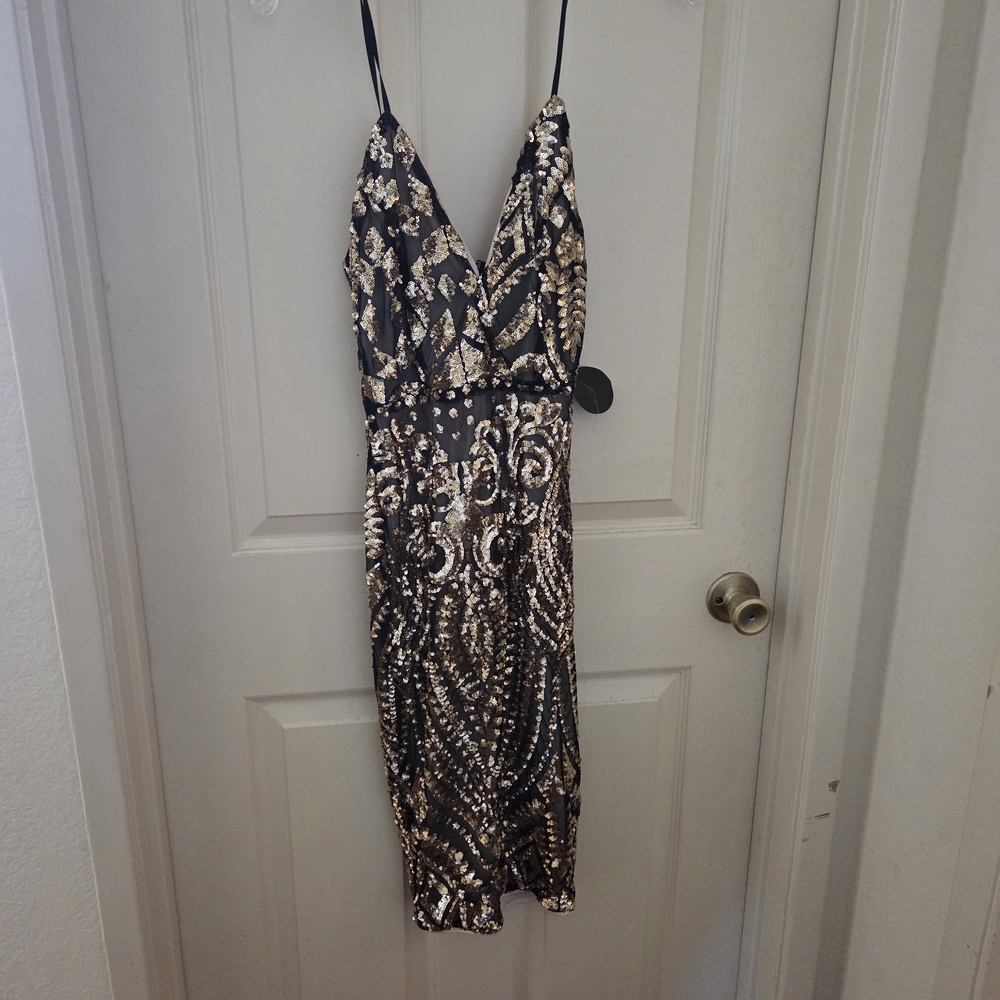 Hot Miami Styles Black and Gold Sequin Midi Dress